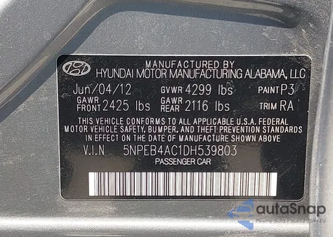 2013 Hyundai Sonata Gls z USA, uszkodzony, nr VIN 5NPEB4AC1DH539803